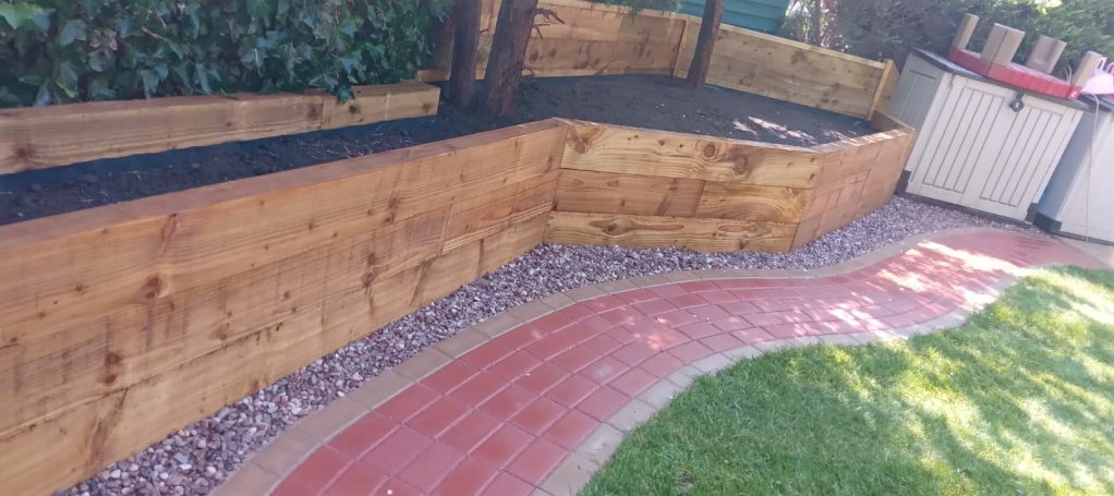 Handbridge Landscaping & Joinery - Bespoke Brick Path, Sleeper Planters & New Turf in a Garden in Chester